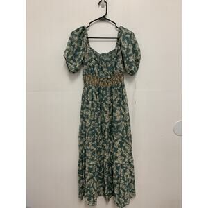 Free People Printed Ellie Maxi Dress Green Floral Smocked Peasant Size Small
